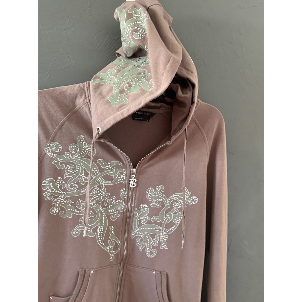 BCBGMAXAZRIA Y2k Rhinestone Scroll Zip Up Hoodie Mauve Brown Size M‎ Bling